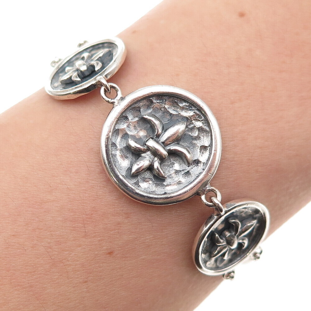 925 Sterling Silver Vintage Fleur de Lis Round Box Double Link Bracelet 7"